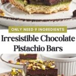 Pin for pinterest graphic with images of pistachio bars and text on top.