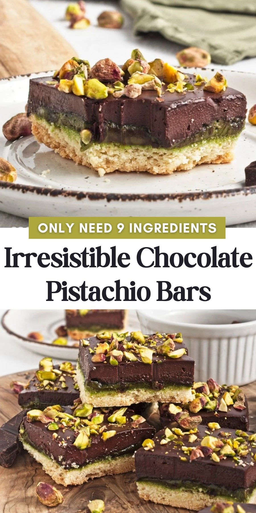 Pin for pinterest graphic with images of pistachio bars and text on top.