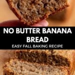 Pin for pinterest graphic with images of banana bread without butter and text on top.