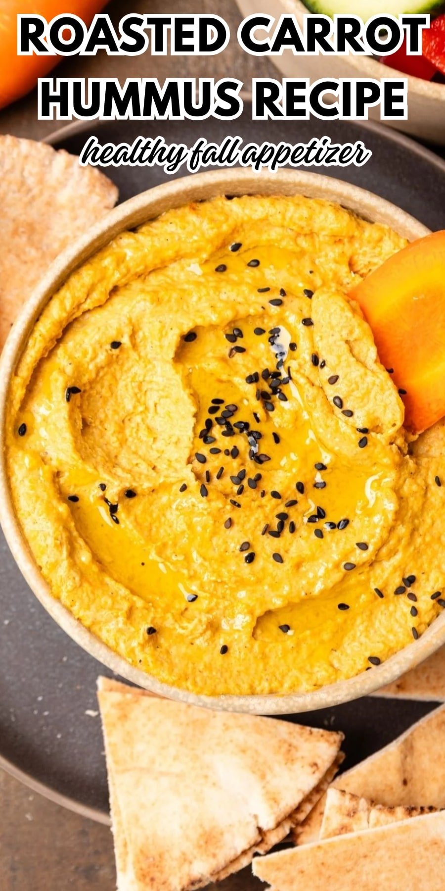 Pin for pinterest graphic with image of carrot hummus and text on top.