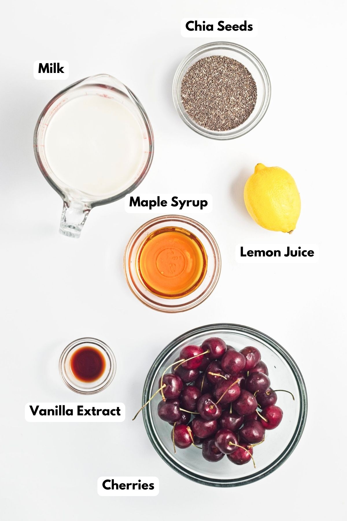 Ingredients to make cherry chia pudding on a countertop. 