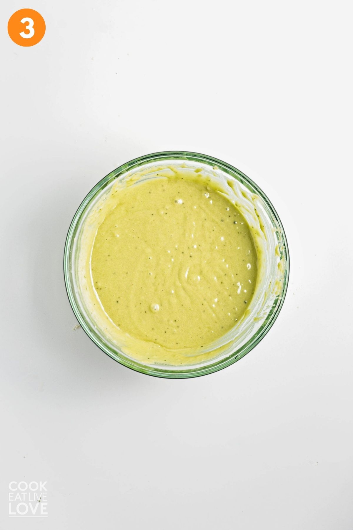 Dry ingredients added to the wet to make the matcha muffin batter.