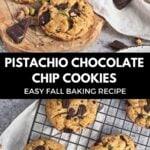 Pin for pinterest graphic with images of pistachio cookies with text on top.