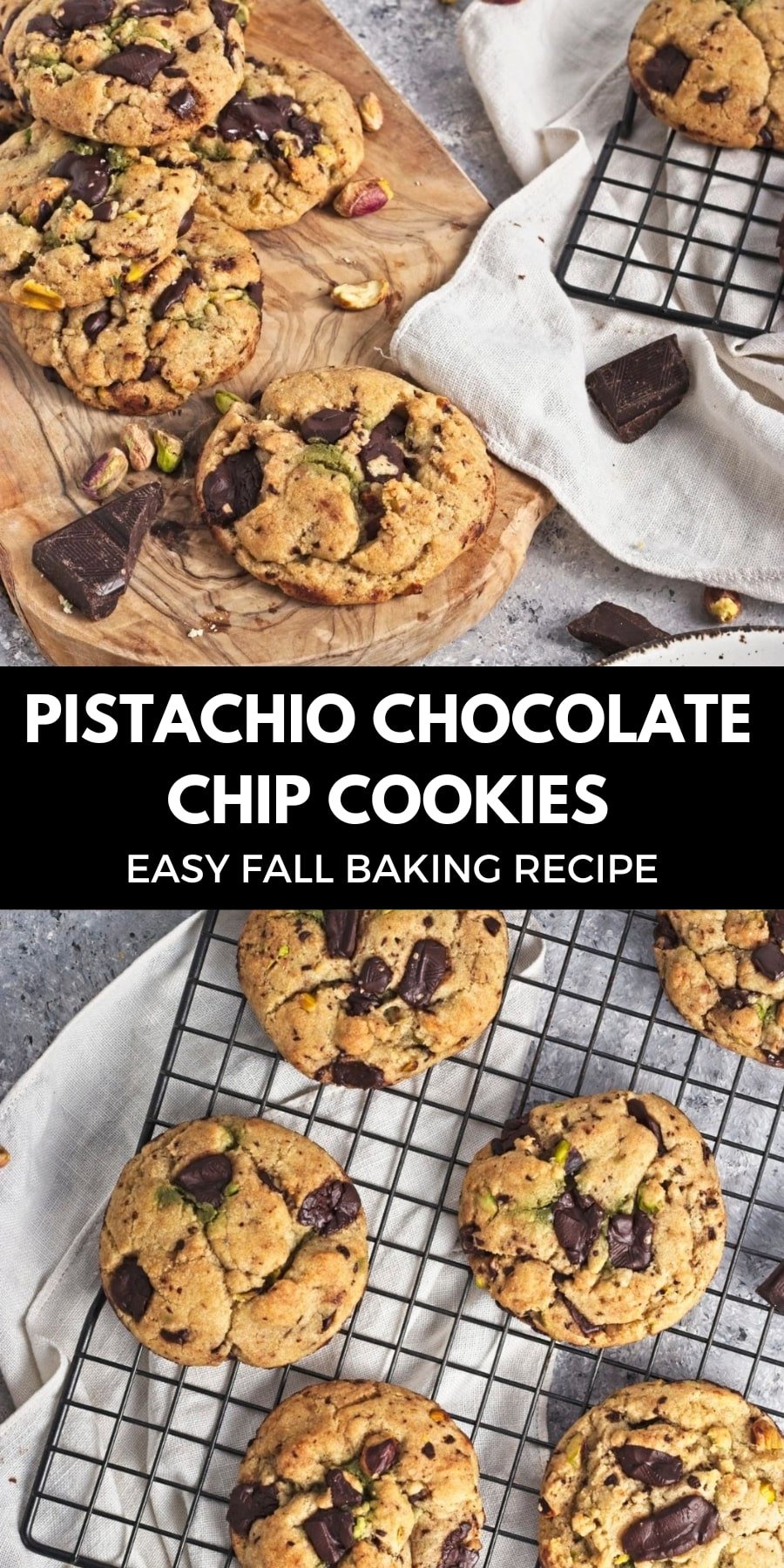 Pin for pinterest graphic with images of pistachio cookies with text on top.