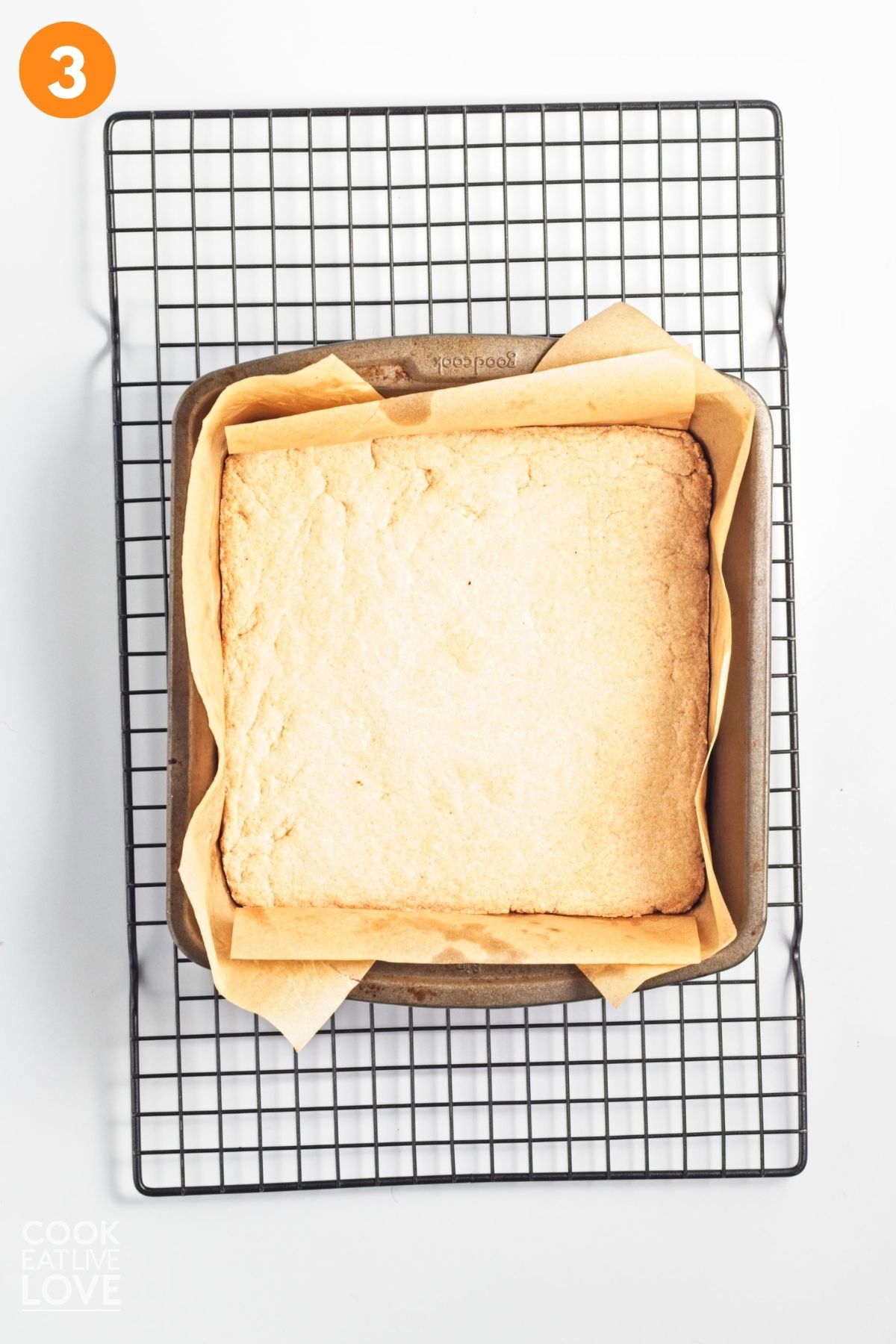 Shortbread crust pressed into baking pan. 