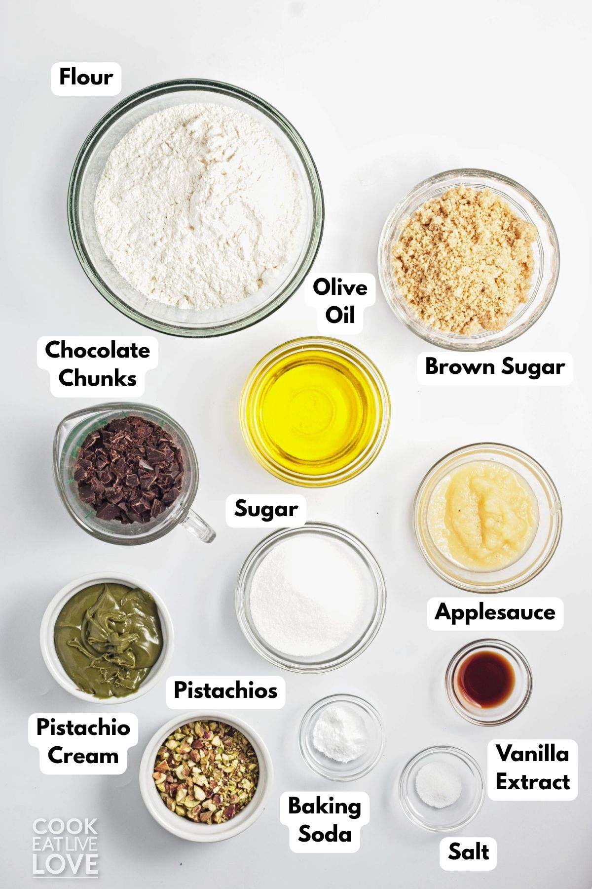 Ingredients to make pistachio cookies with chocolate chips.