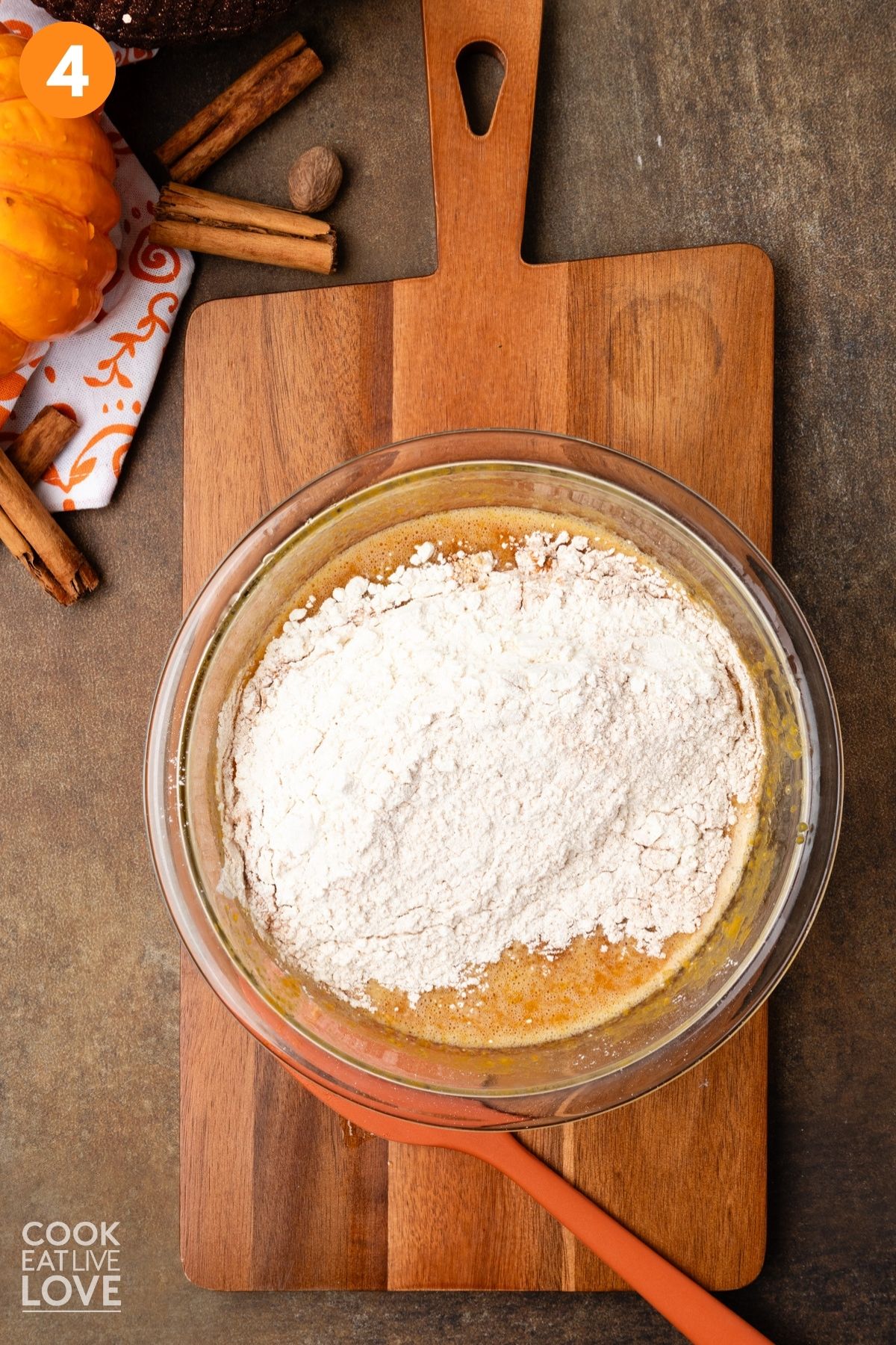 Flour added to the wet ingredients. 