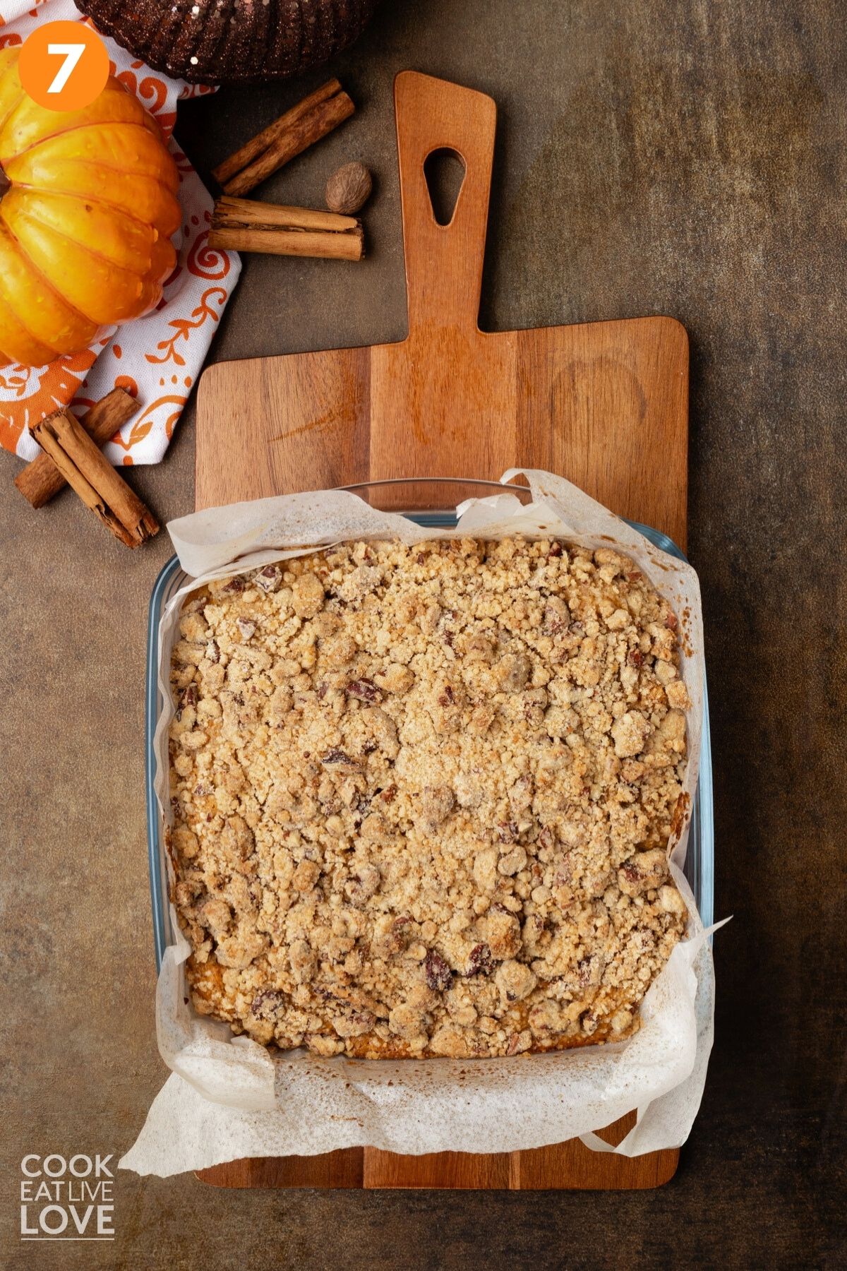 Pumpkin coffee cake after baking still in the square pan. 