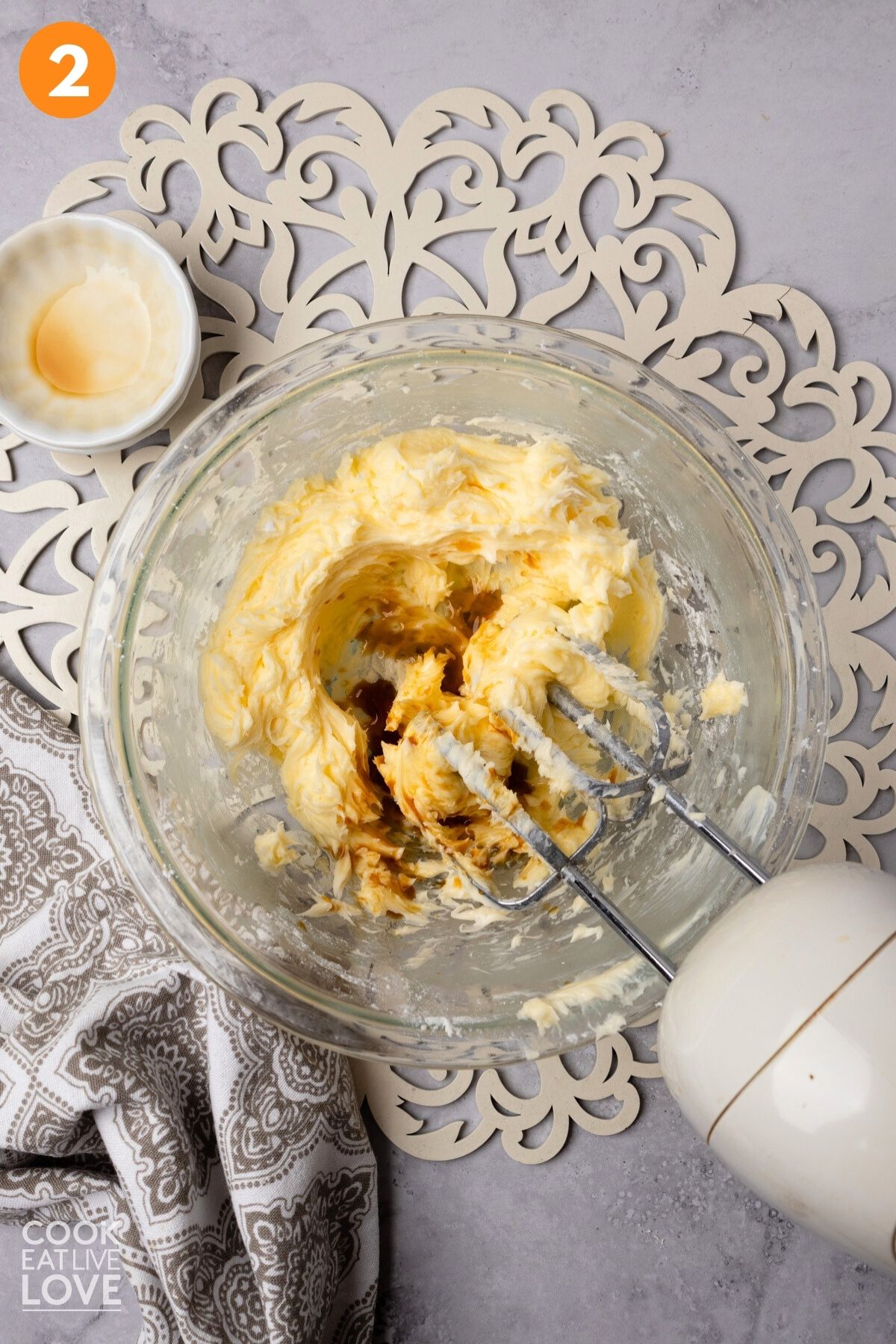 Flavor extracts added to the creamed butter and sugar. 