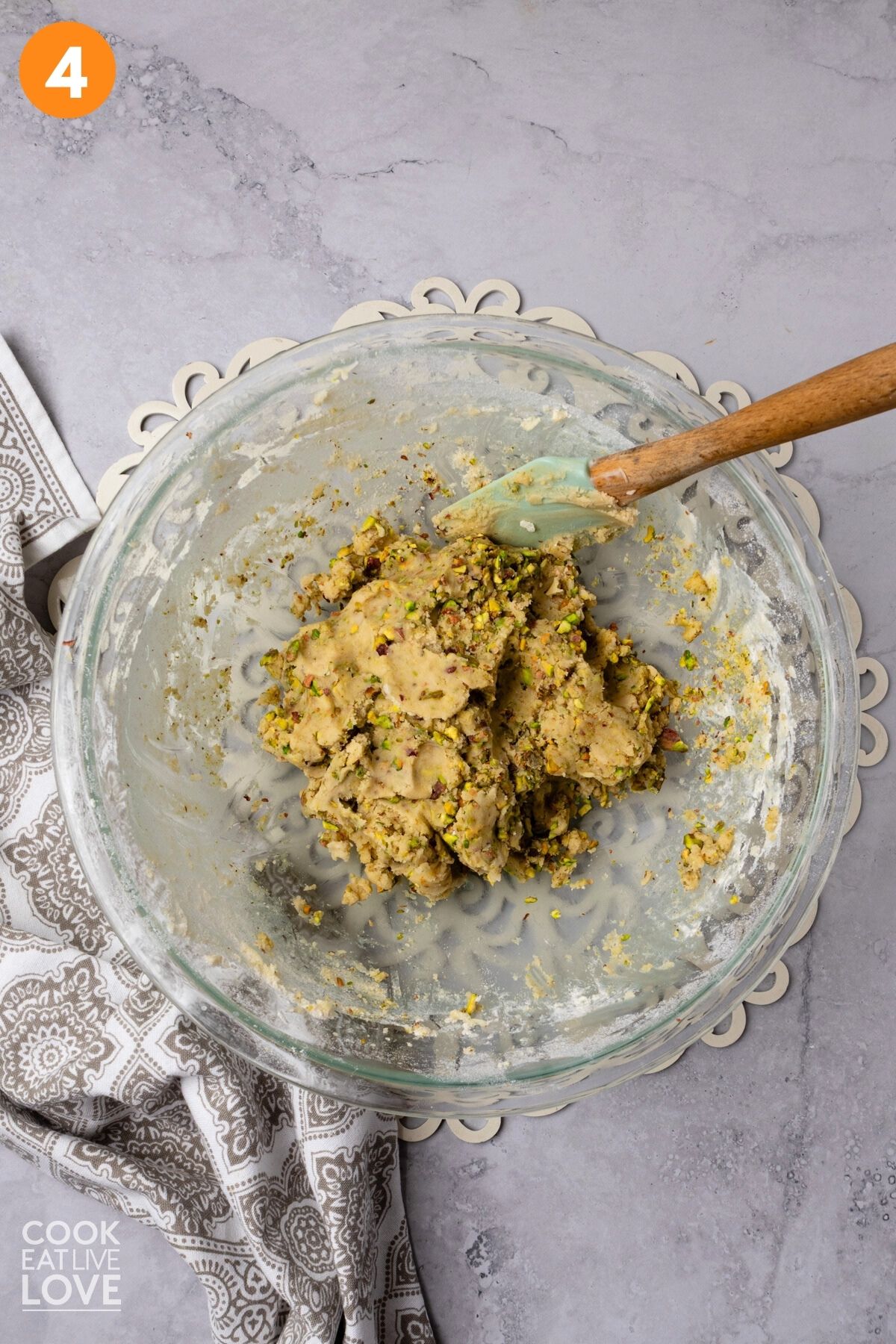 Pistachios added and mixed into the dough.