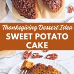 Pinterest graphic with images of sweet potato cake and text on top.