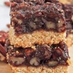 Pinterest graphic with images of vegan pecan pie bars and text on top.