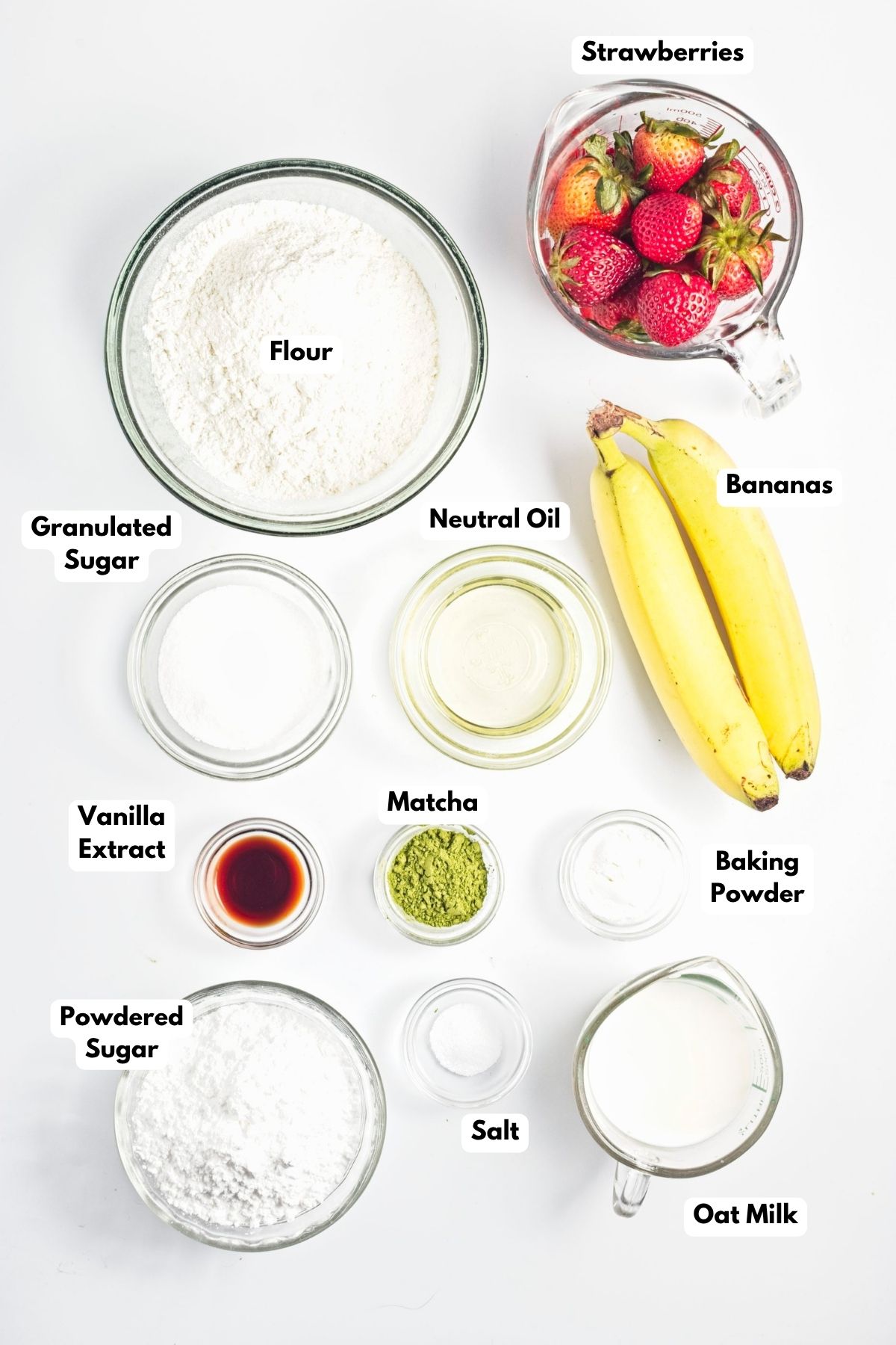 Ingredients to make matcha banana bread on the table before preparing. 
