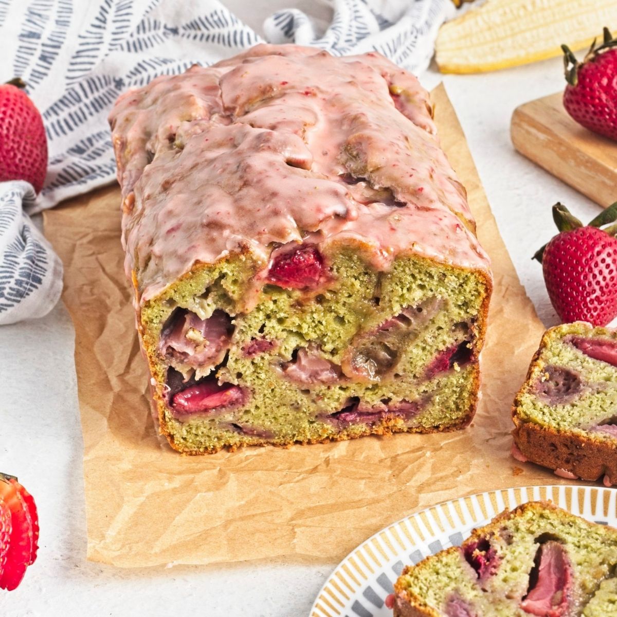 Matcha Banana Bread with Strawberries (Vegan)