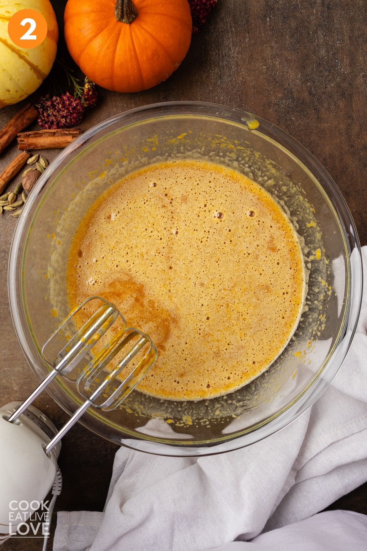 Pumpkin mixed with sugar, eggs, and vanilla. 