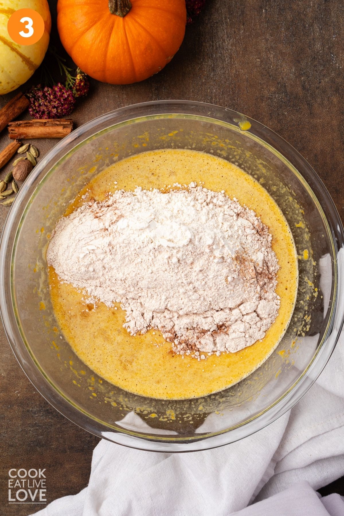 Dry ingredients added the pumpkin mixture. 