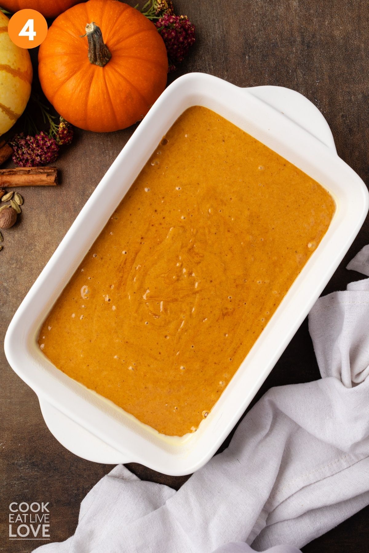 Batter poured into a baking pan. 