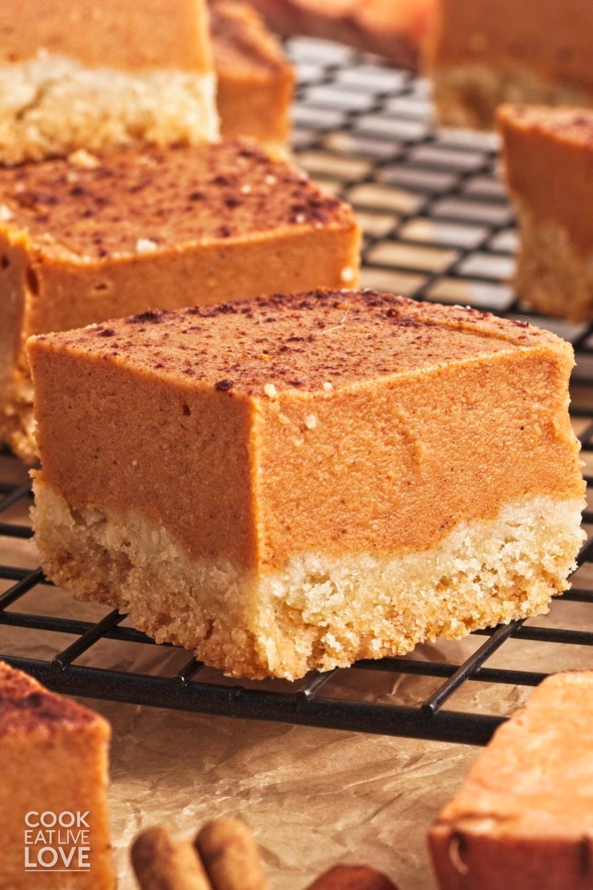 Vegan sweet potato bars cooling on a wire rack. 