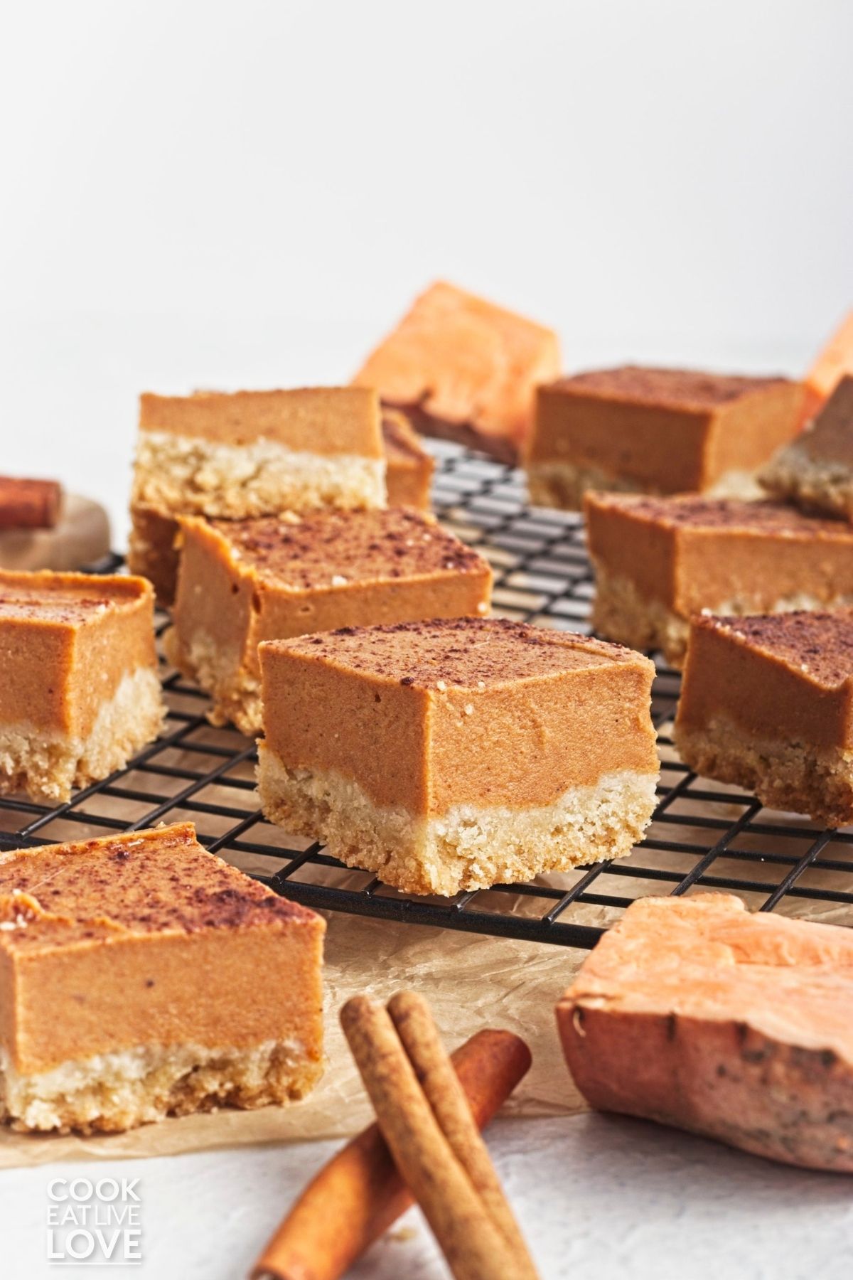 Sweet potato bars in different angles on a wire rack. 