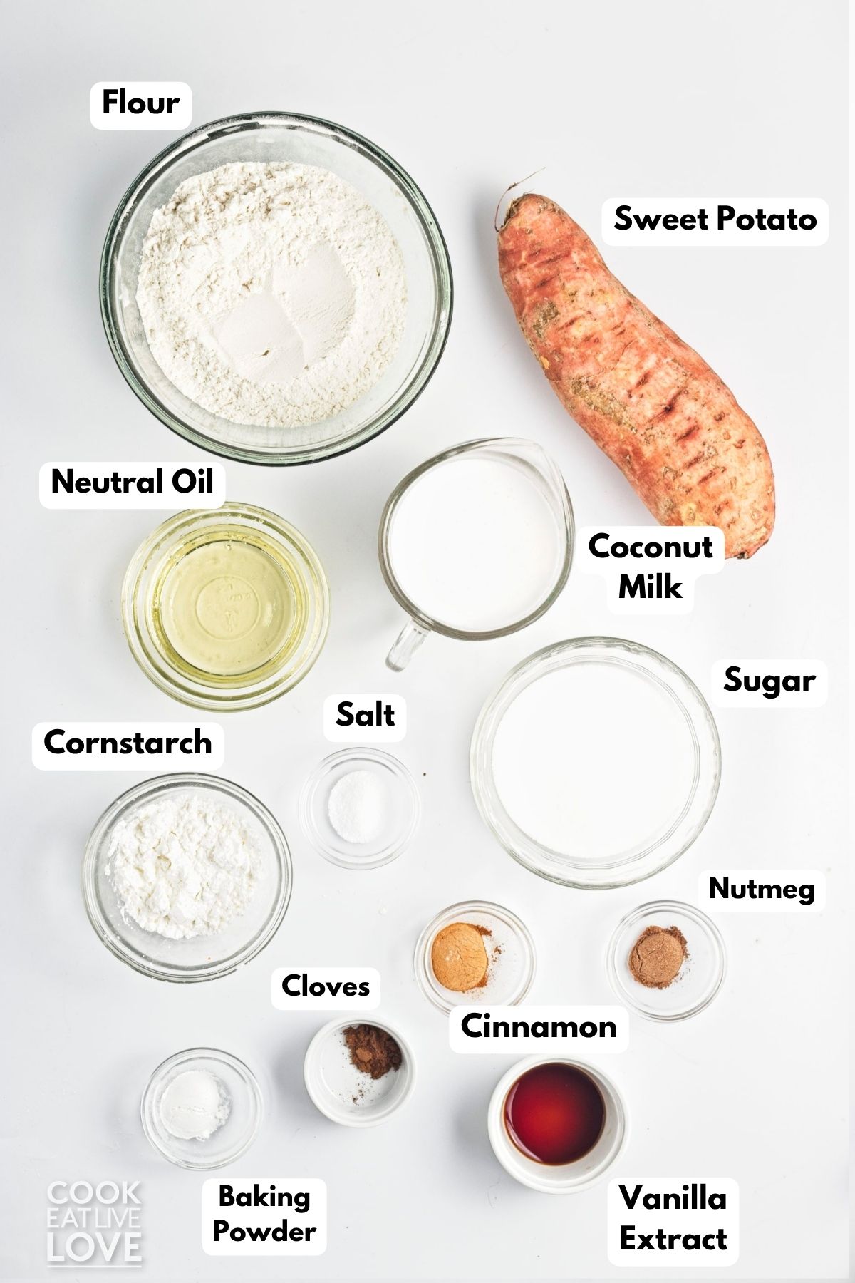 Ingredients to make sweet potato bars in bowls on a countertop. 