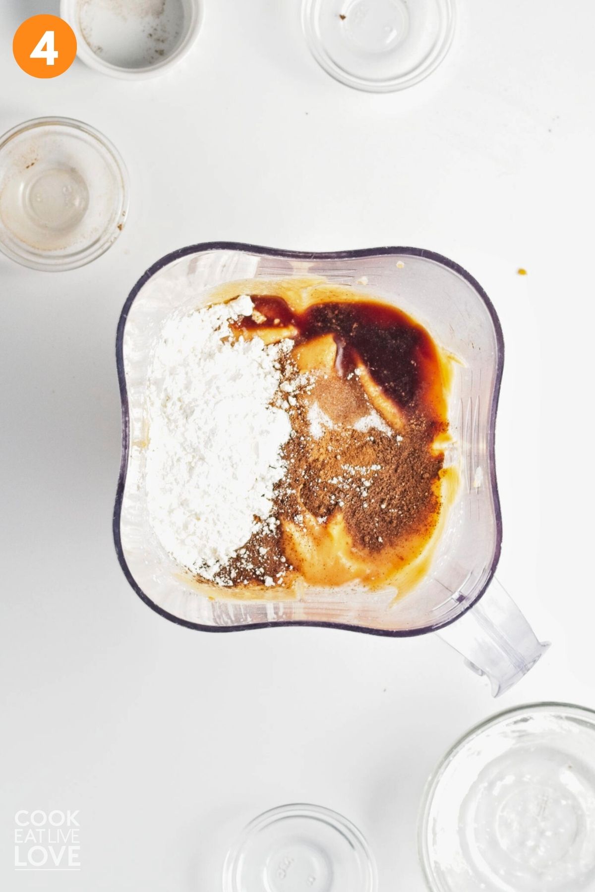 Cornstarch and spices added to the blended sweet potato mixture. 