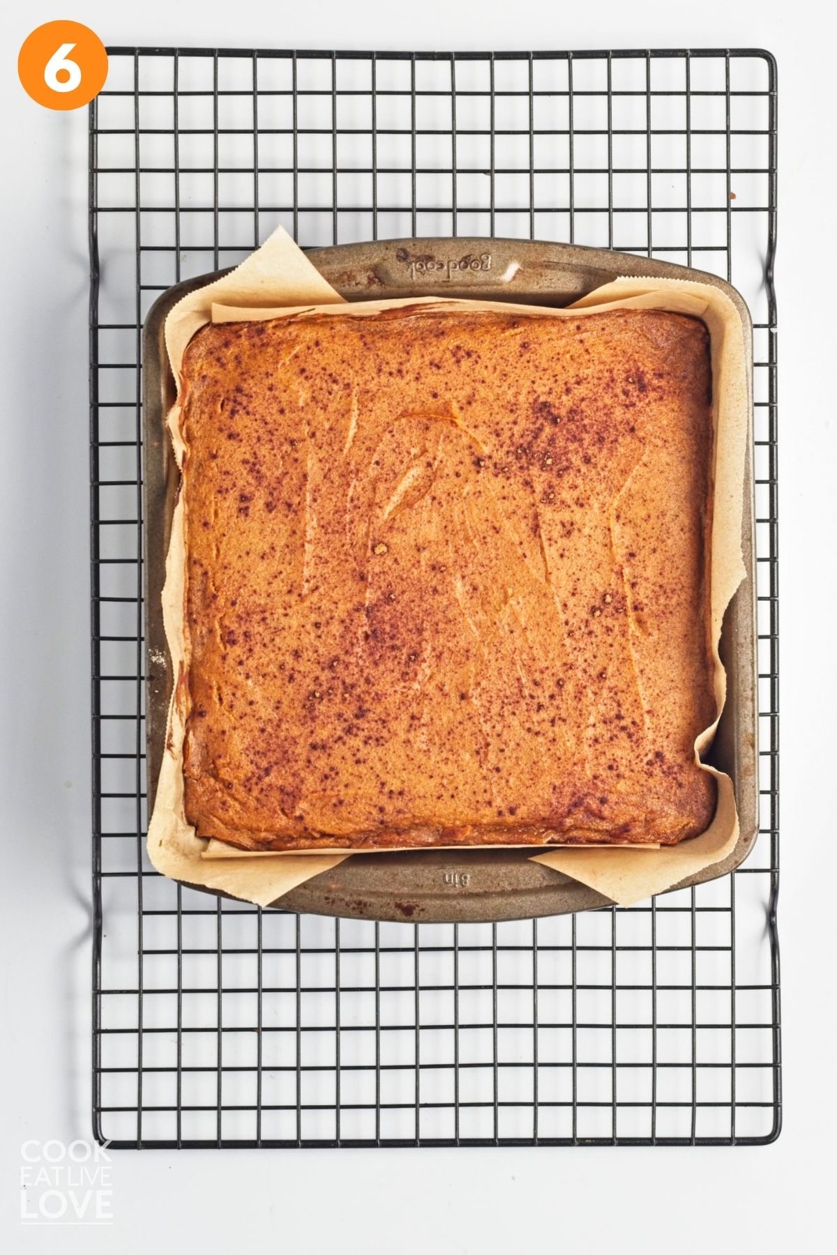 Baked sweet potato bars in a square baking dish. 