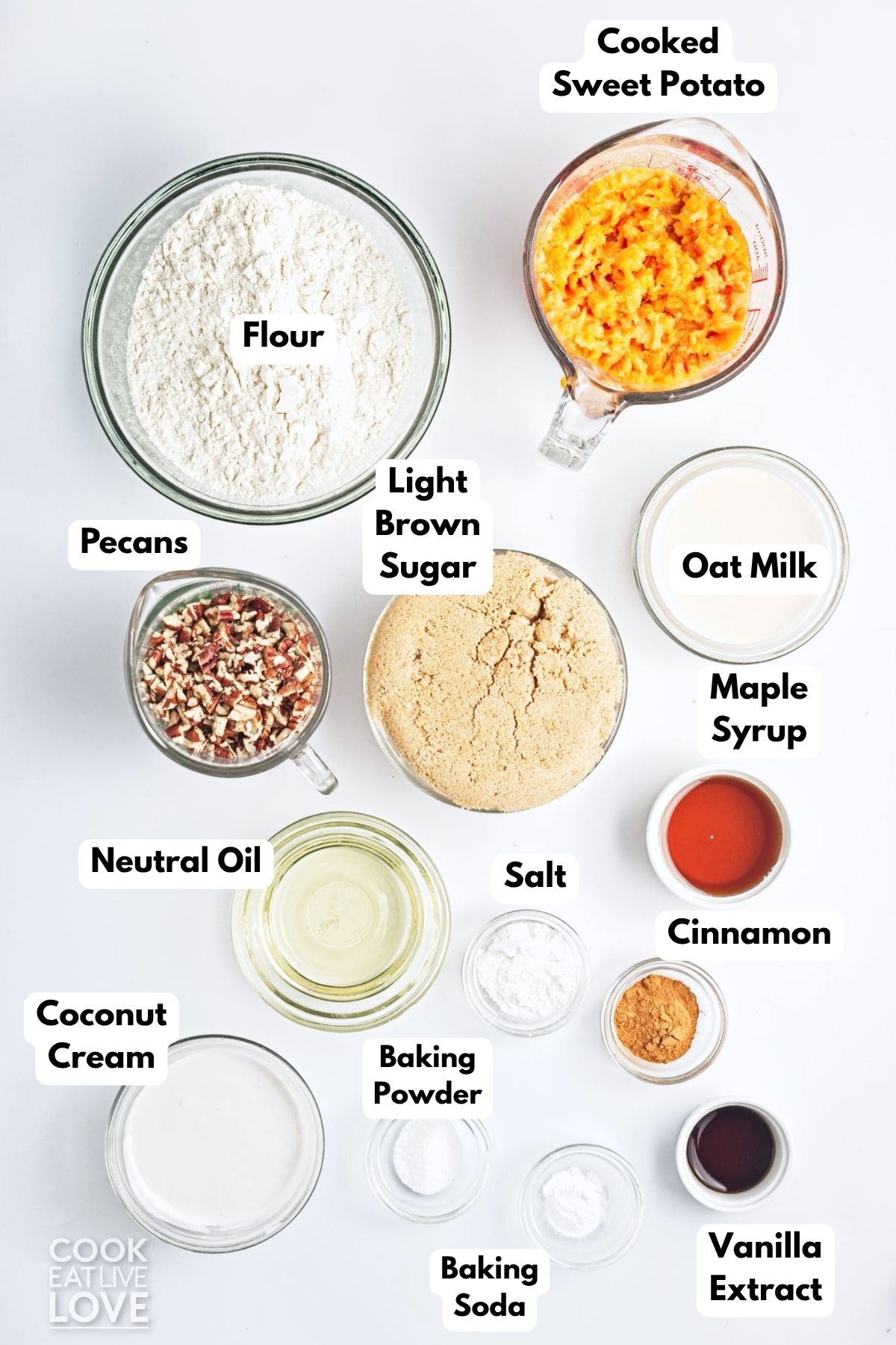 Ingredients to make a sweet potato bundt cake on the table. 