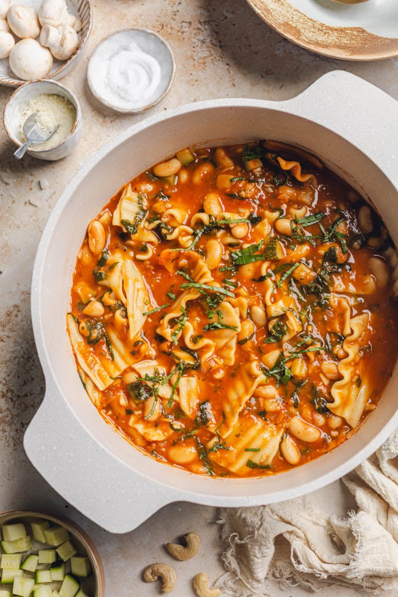 Vegan lasagna soup in a pot.