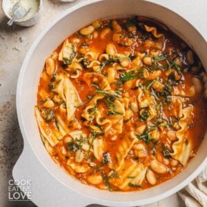 Vegan lasagna soup in the pot after cooking.