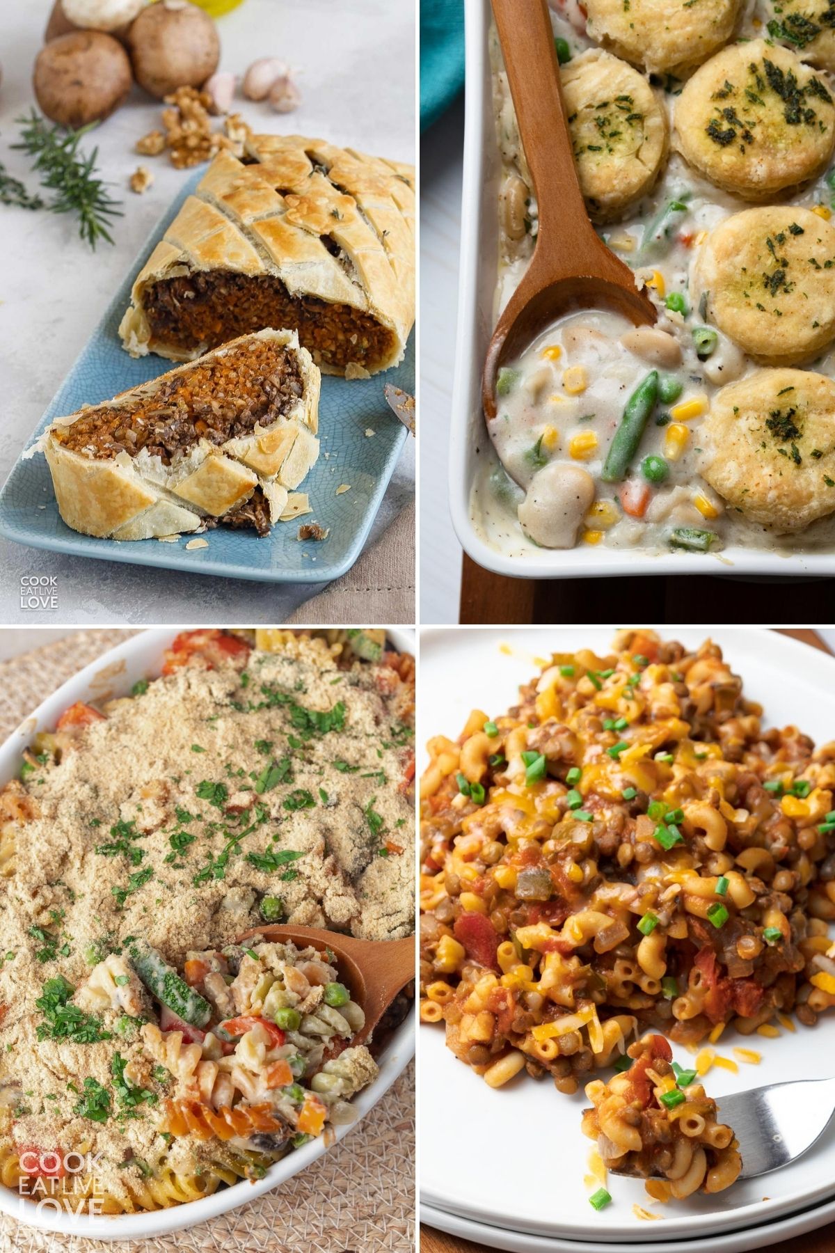 A collage of four vegetarian Thanksgiving recipes to serve as a main dish.