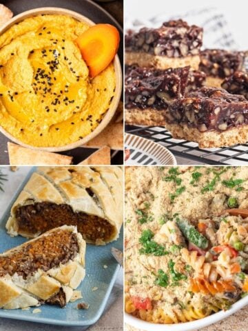 Four vegetarian Thanksgiving recipes to serve including a dip, main dish, casserole, and dessert.