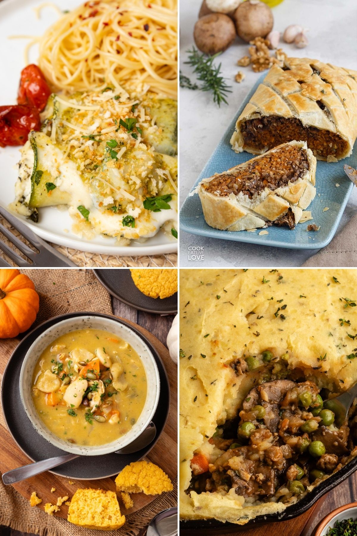 A collage of Thanksgiving vegetarian main dishes like wellington, shepherd's pie, and rollatini. 