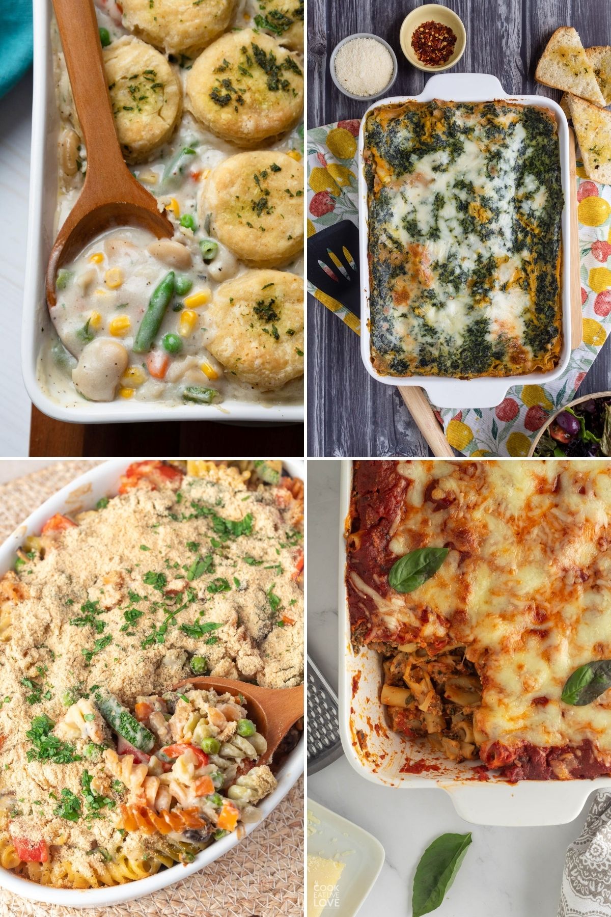 A collection of vegetarian Thanksgiving main dishes in casserole dishes. 
