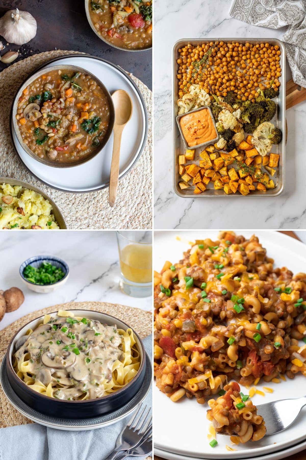 A collage of four different vegetarian main dish recipes for Thanksgiving