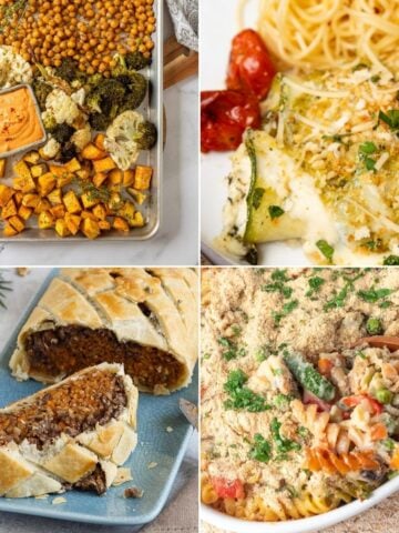 A collage of vegetarian Thanksgiving main dish recipes to serve.