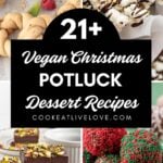 Pin graphic with images of vegan Christmas desserts and text on top.