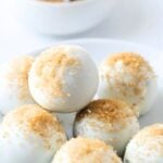 Pinterest graphic with image of gingerbread truffles and text on top.