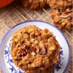 Pinterest graphic with image of pumpkin oatmeal cookies and text on top.