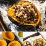 Pinterest graphic with images of stuffed acorn squash and text on top.