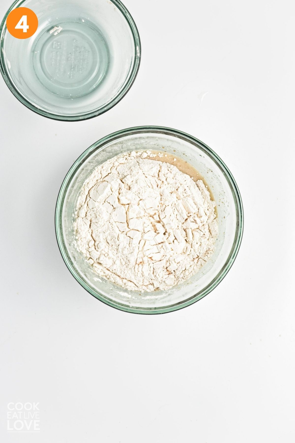 Dry ingredients added to the wet. 