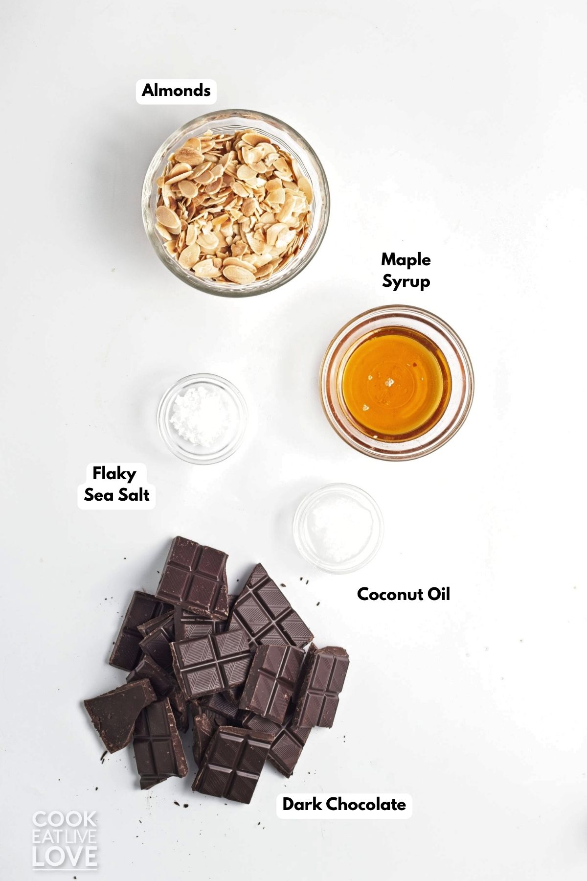 Ingredients to make chocolate almond bark in bowls on a counter. 