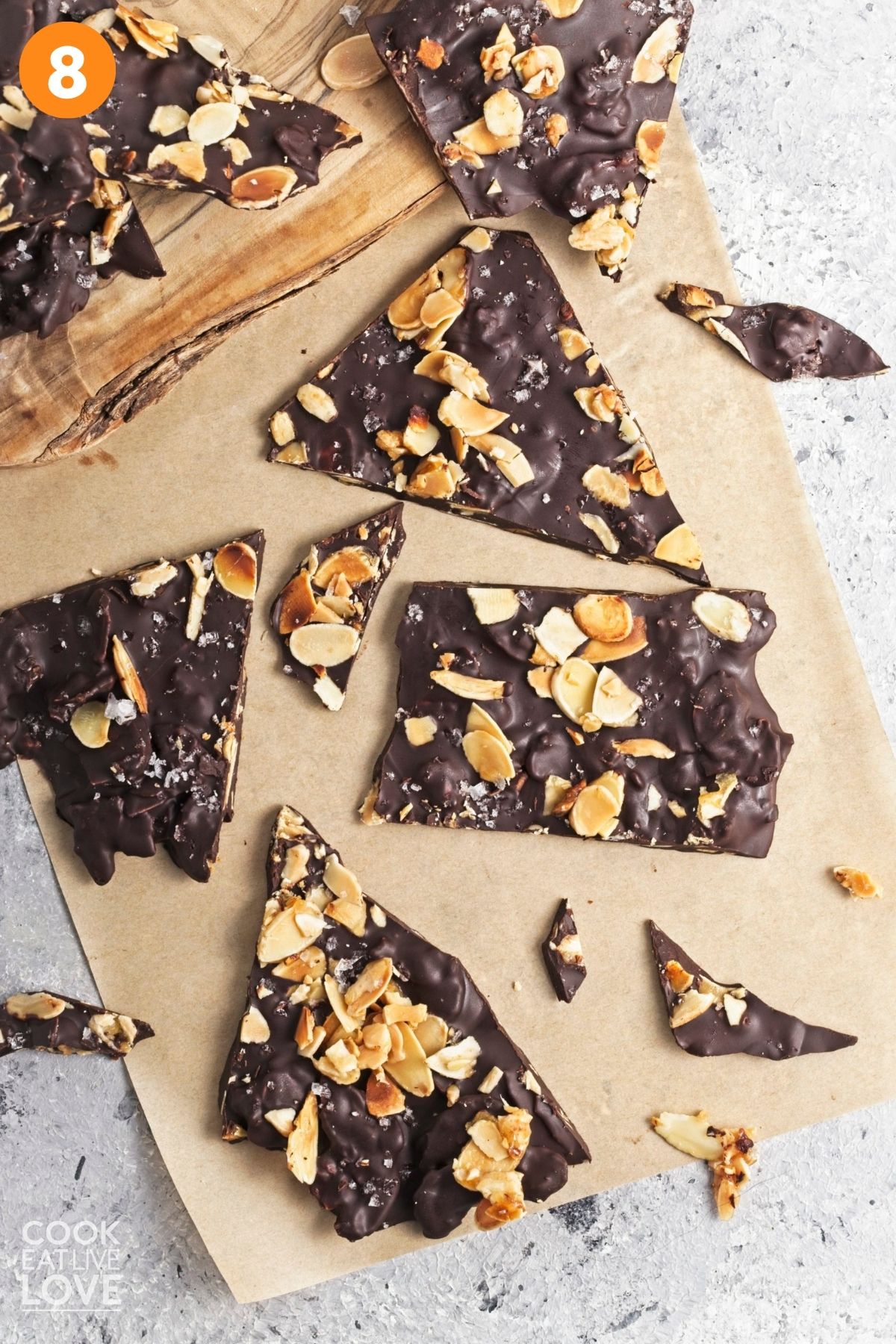 Almond chocolate bark hardened and broken up into pieces. 
