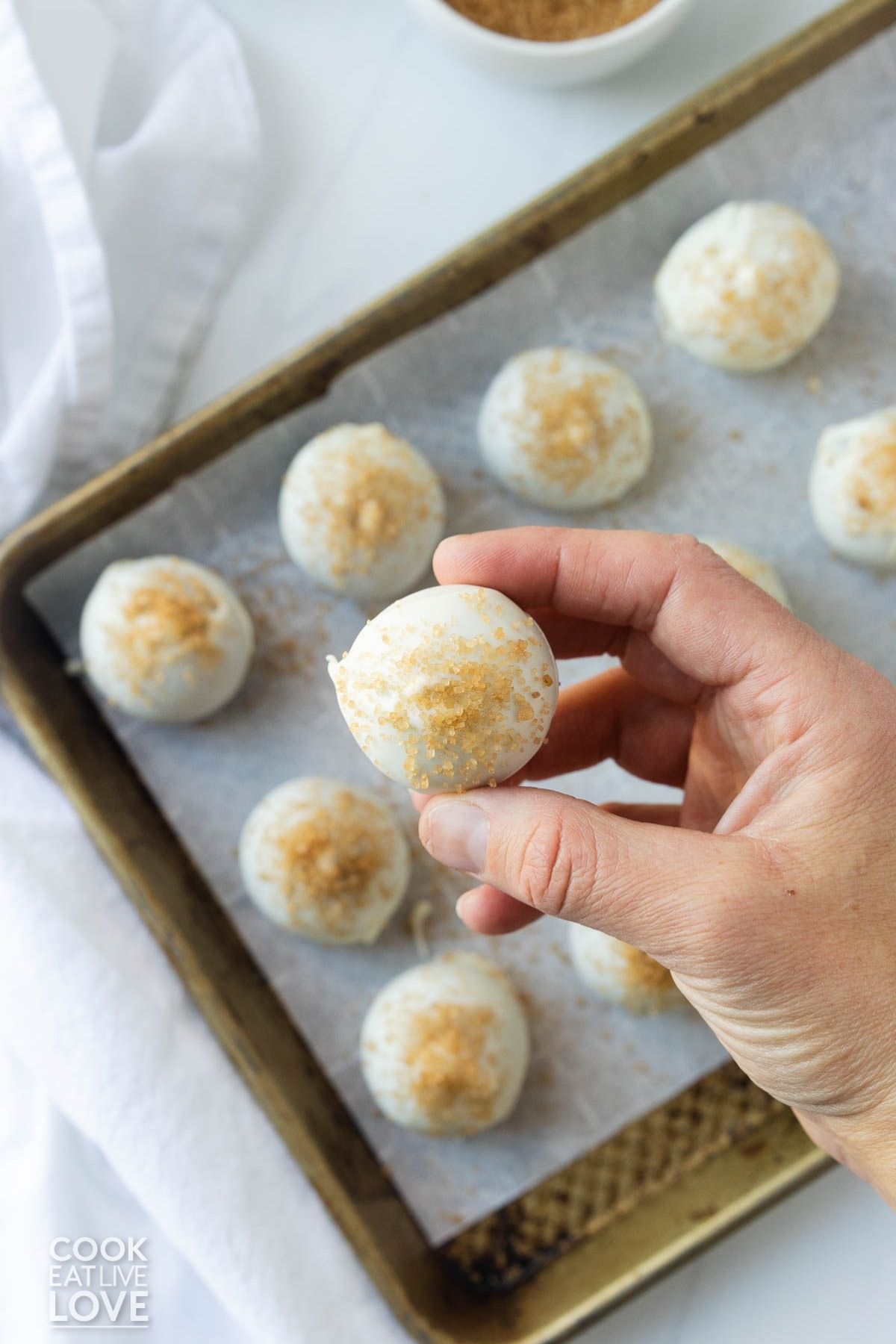 A gingerbread truffle with white chocolate being held up.