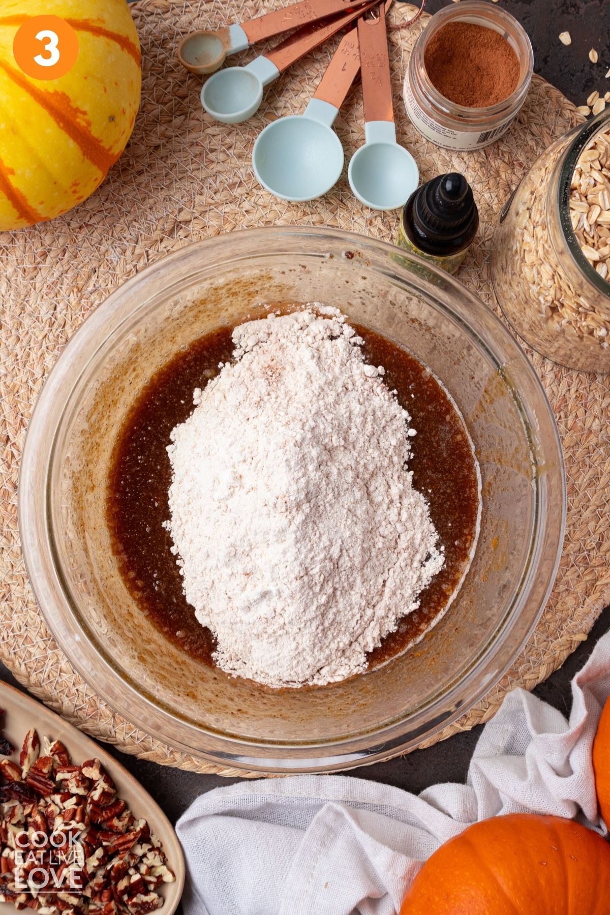 Dry ingredients added to the wet mixture.