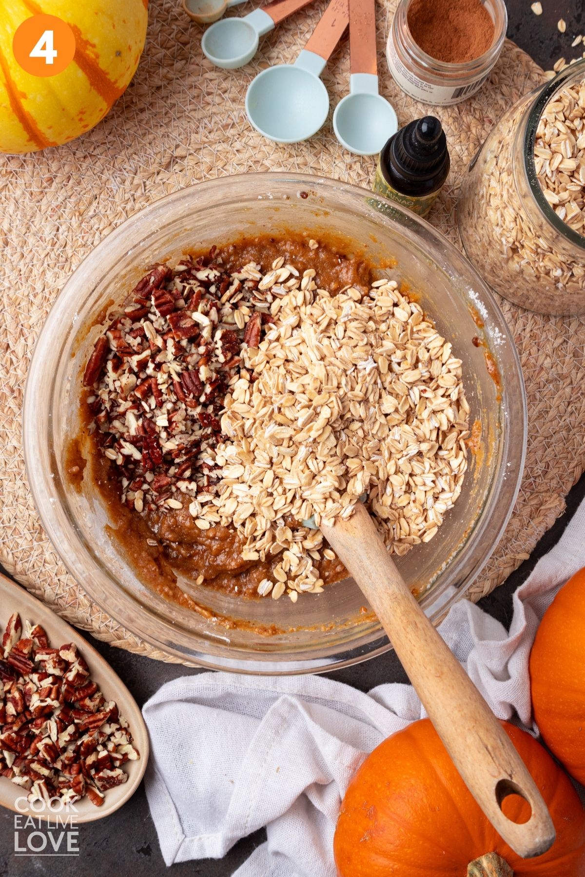 Oats folded in the mixture. 