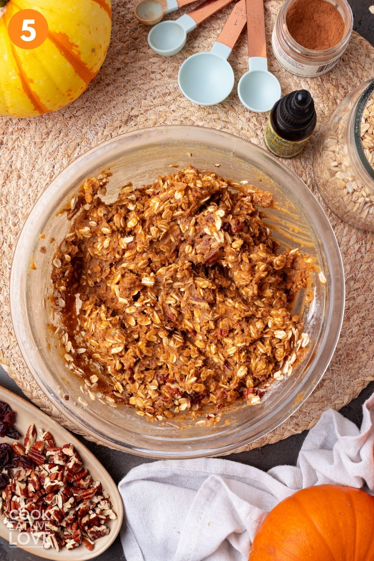 Pumpkin oatmeal cookie dough mixed in a bowl. 
