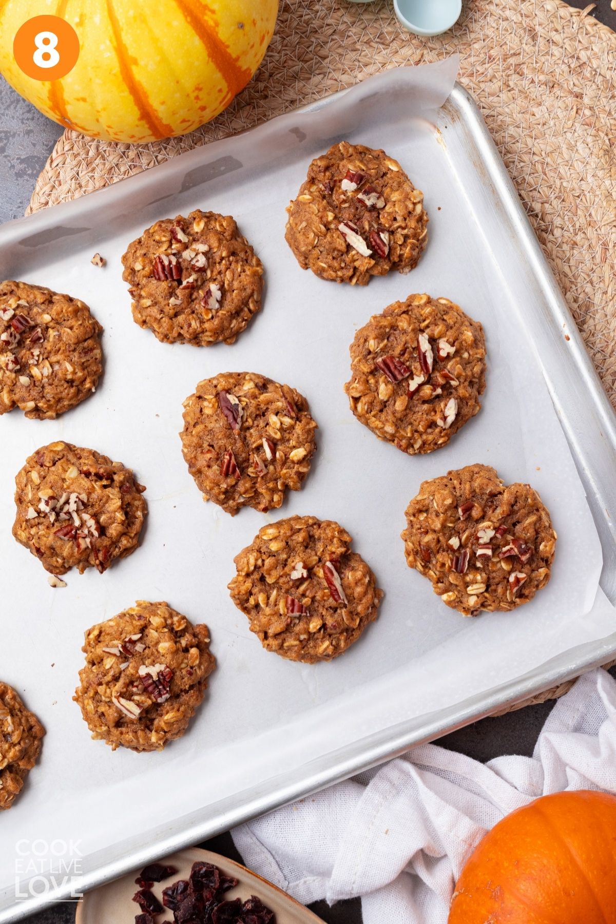 Pumpkin oat cookies baked and cooling on a baking sheet.