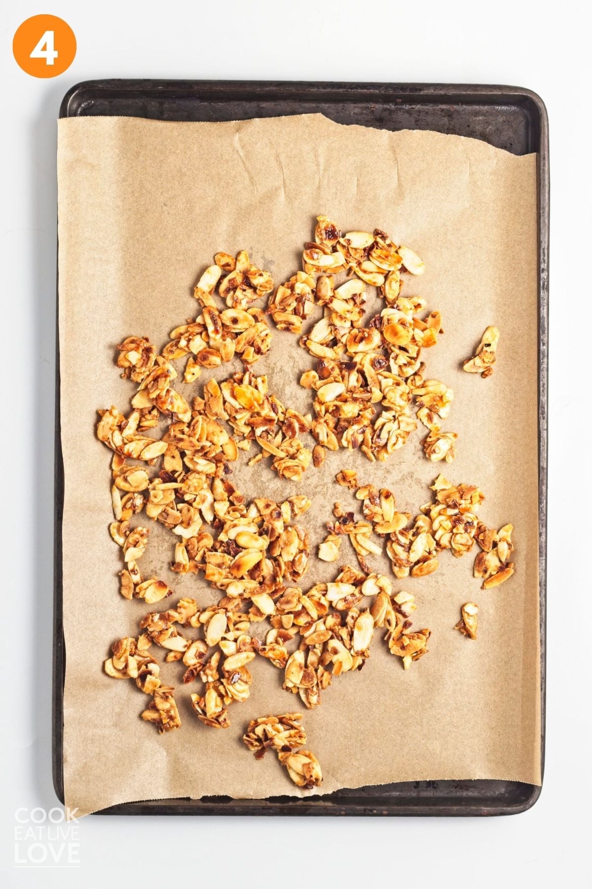 Almonds spread out on a pan. 