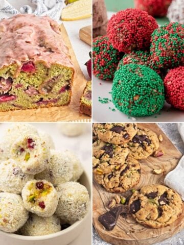 A collage of four vegan Christmas dessert recipes including a matcha bread, chocolate balls, white truffles, and pistachio cookies.