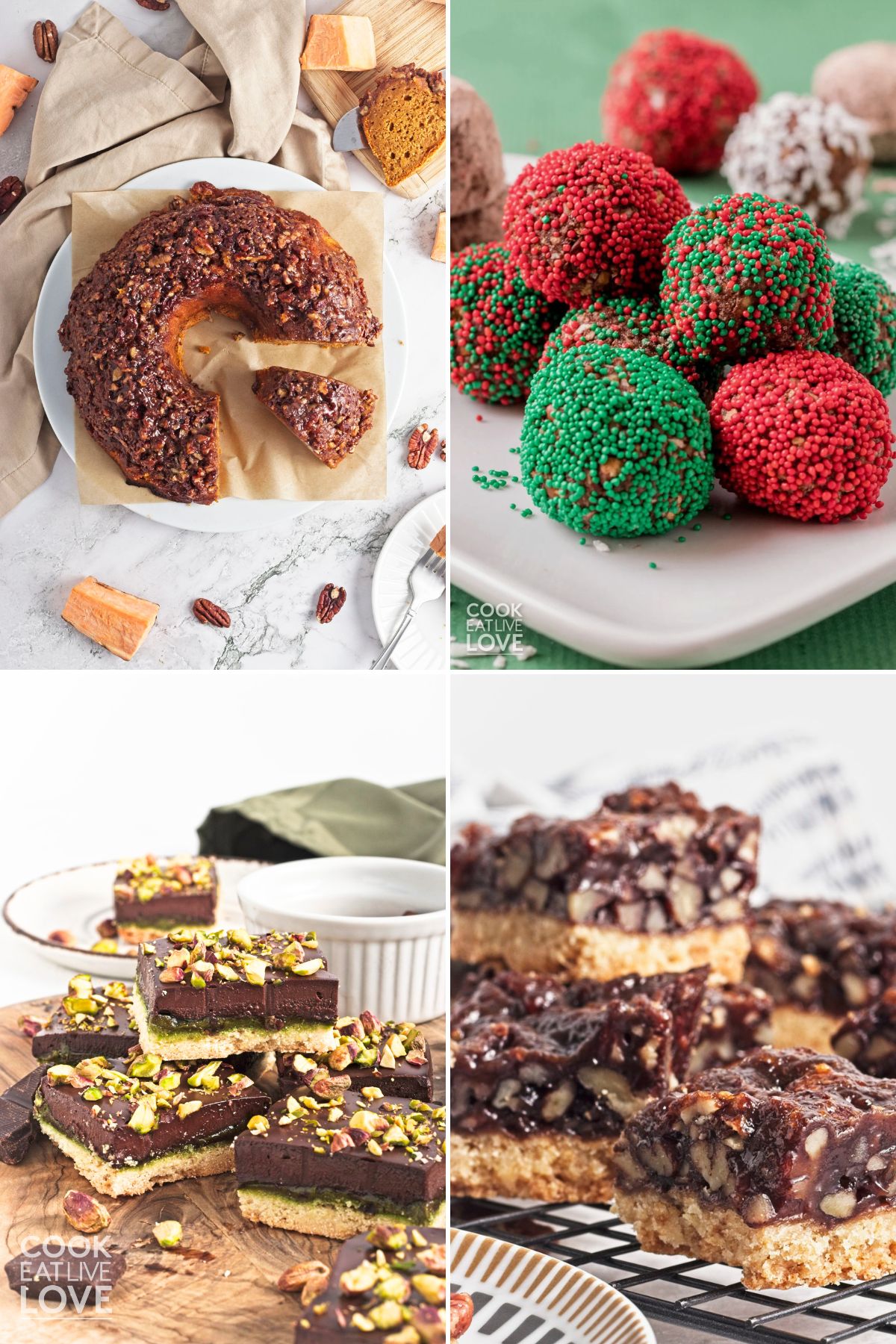 A collage of vegan Christmas dessert recipes including balls coated in sprinkles, a bundt cake, and bar desserts. 